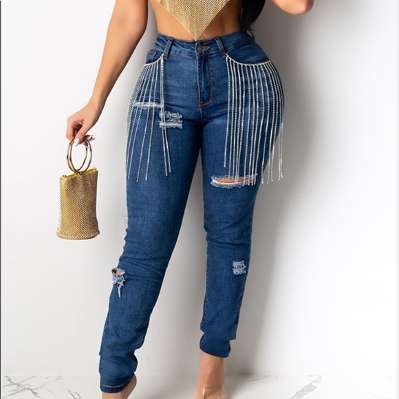 Hot & Delicious Denim - Rhinestone Fringed Jeans
